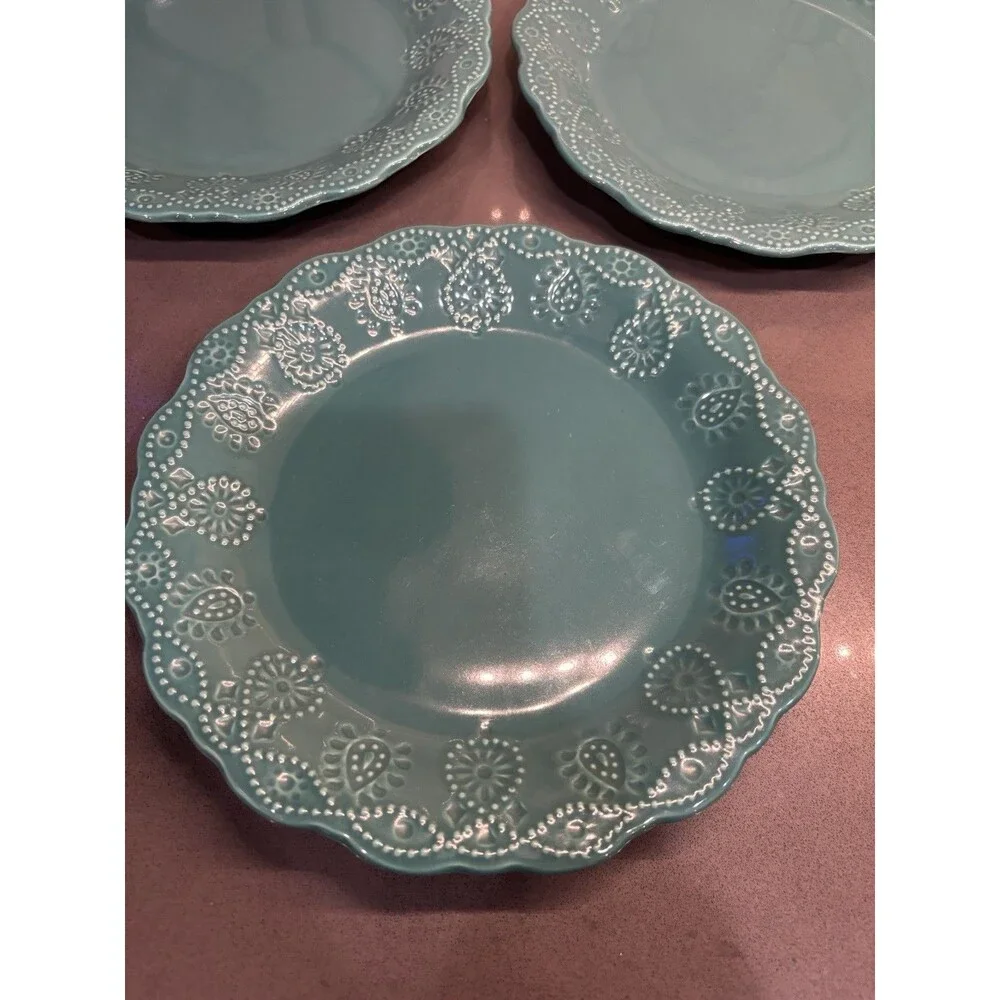 Set Of 3 PIONEER WOMAN Cowgirl Lace Teal Salad Plates Embossed Scalloped 8.75
